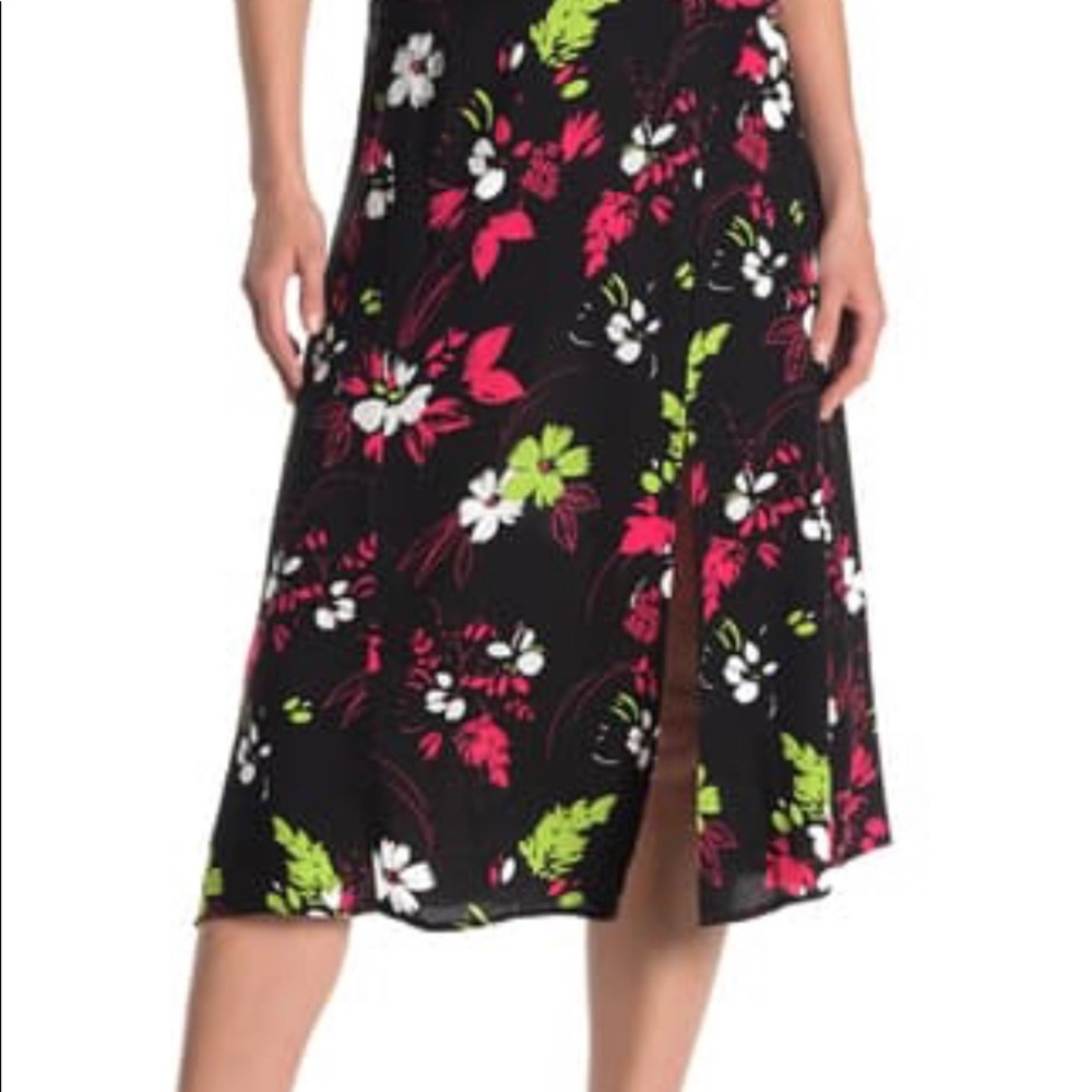 Floral Print Midi Skirt w/ side slit-BLACK FLORAL
